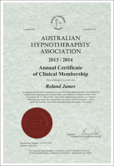 Aust Hypnotherapists Assoc Certificate